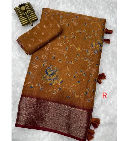 Women's Cotton Zari Printed Saree With Unstitched Blouse 5.5Mtr (Mustard)