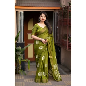 Generic Women's Cotton Crape Printed Saree With Unstitched Blouse 5.5Mtr (Green)