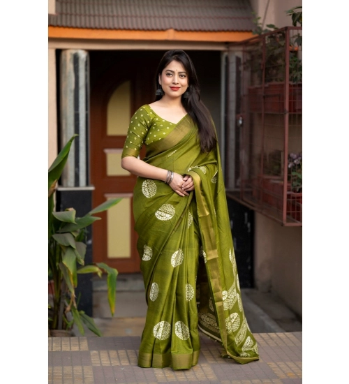 Women's Cotton Crape Printed Saree With Unstitched Blouse 5.5Mtr (Green)