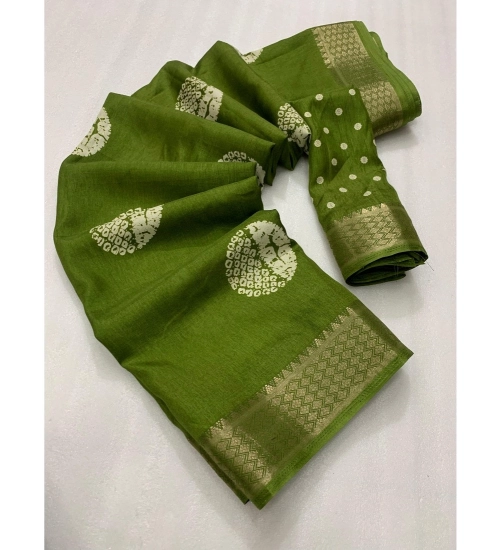 Women's Cotton Crape Printed Saree With Unstitched Blouse 5.5Mtr (Green)