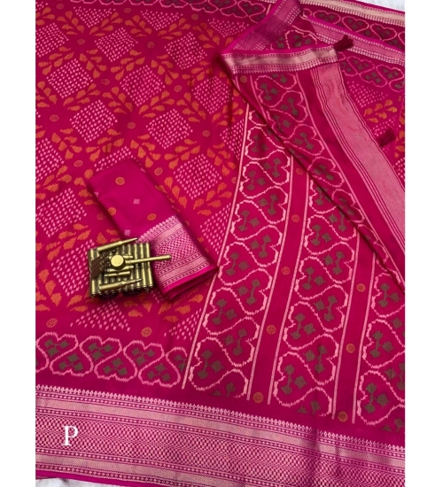 Women's Dola Silk Printed Saree With Unstitched Blouse 5.5Mtr (Pink)