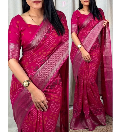 Women's Dola Silk Printed Saree With Unstitched Blouse 5.5Mtr (Pink)