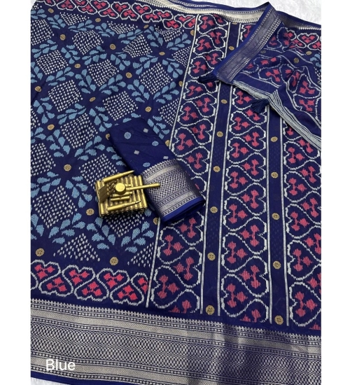 Women's Dola Silk Printed Saree With Unstitched Blouse 5.5Mtr (Blue)