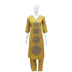 Women's Cotton Blended Printed 3/4th Sleeve V Neck Kurti With Pant Set (Mustard)