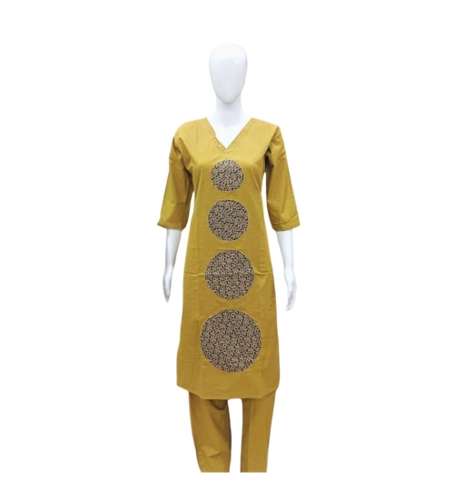 Women's Cotton Blended Printed 3/4th Sleeve V Neck Kurti With Pant Set (Mustard)