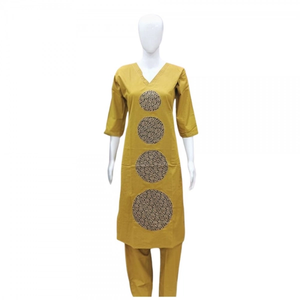 Dropship Women's Cotton Blended Printed 3/4th Sleeve V Neck Kurti With Pant Set (Mustard)