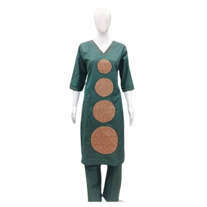 Generic Women's Cotton Blended Printed 3/4th Sleeve V Neck Kurti With Pant Set (Green)