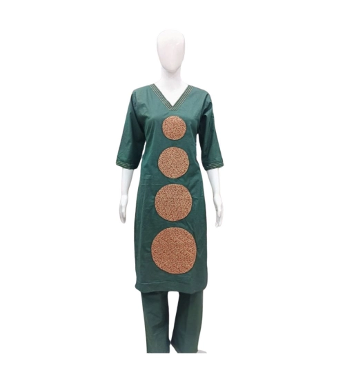 Women's Cotton Blended Printed 3/4th Sleeve V Neck Kurti With Pant Set (Green)