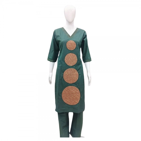 Dropship Women's Cotton Blended Printed 3/4th Sleeve V Neck Kurti With Pant Set (Green)
