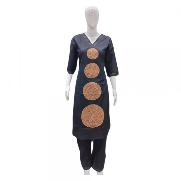 Dropship Women's Cotton Blended Printed 3/4th Sleeve V Neck Kurti With Pant Set (Black)