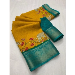 Women's Dola Silk Printed Saree With Unstitched Blouse 5.5Mtr (Mustard)