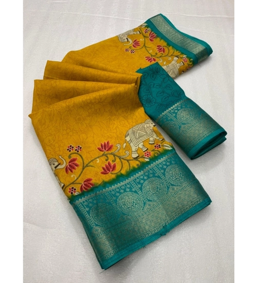 Women's Dola Silk Printed Saree With Unstitched Blouse 5.5Mtr (Mustard)