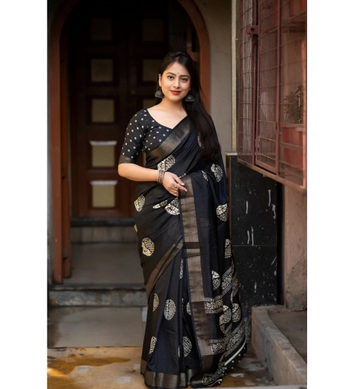 Women's Cotton Crape Printed Saree With Unstitched Blouse 5.5Mtr (Black)