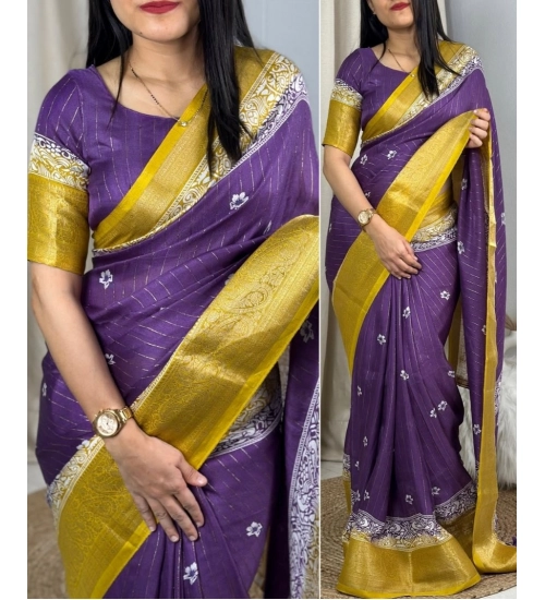 Women's Cotton Silk Printed Saree With Unstitched Blouse 5.5Mtr (Purple)
