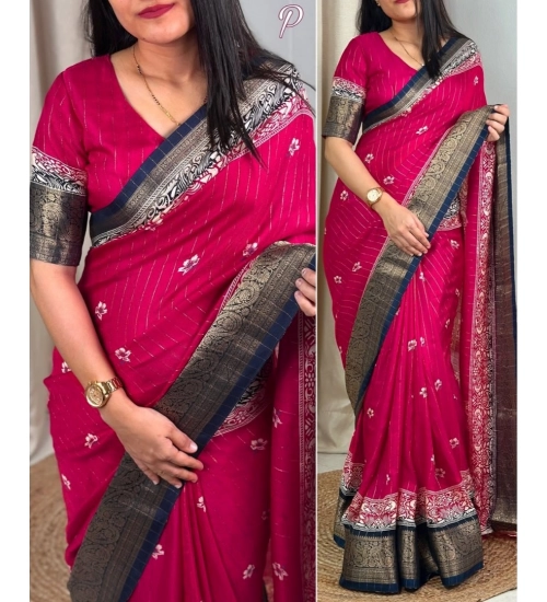 Women's Cotton Silk Printed Saree With Unstitched Blouse 5.5Mtr (Pink)