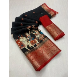 Women's Dola Silk Printed Saree With Unstitched Blouse 5.5Mtr (Black)