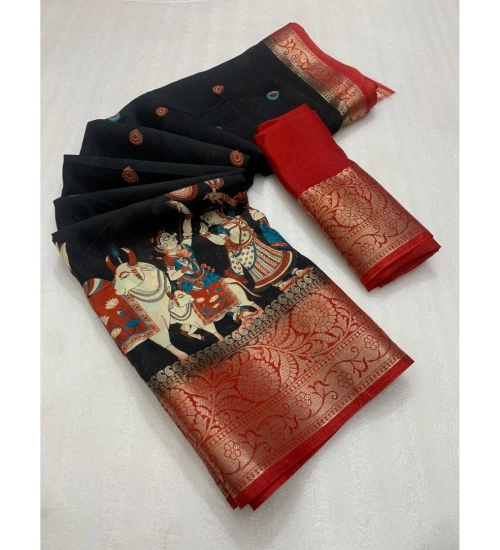 Women's Dola Silk Printed Saree With Unstitched Blouse 5.5Mtr (Black)