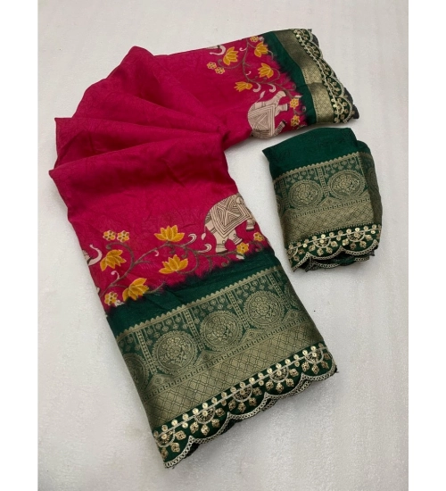 Women's Dola Silk Printed Saree With Unstitched Blouse 5.5Mtr (Pink)