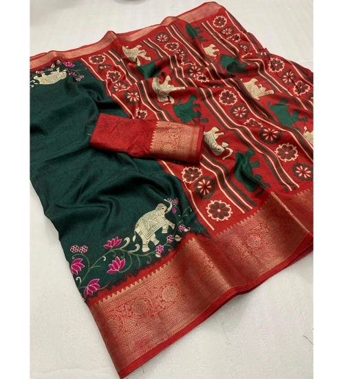 Women's Dola Silk Printed Saree With Unstitched Blouse 5.5Mtr (Green)