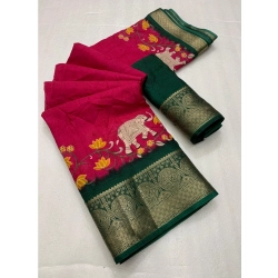 Women's Dola Silk Printed Saree With Unstitched Blouse 5.5Mtr (Pink)