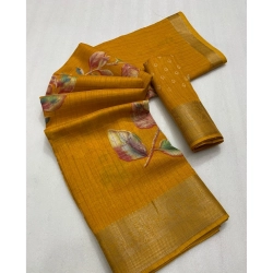Women's Dola Silk Printed Saree With Unstitched Blouse 5.5Mtr (Yellow)