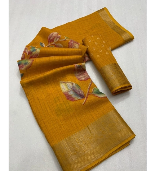 Women's Dola Silk Printed Saree With Unstitched Blouse 5.5Mtr (Yellow)