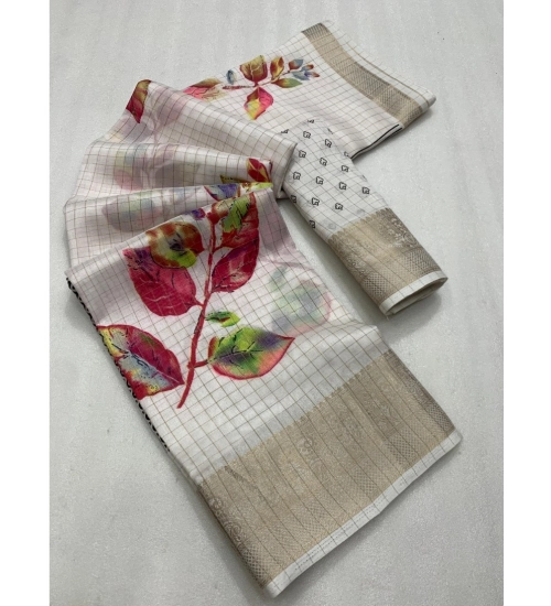 Women's Dola Silk Printed Saree With Unstitched Blouse 5.5Mtr (White)