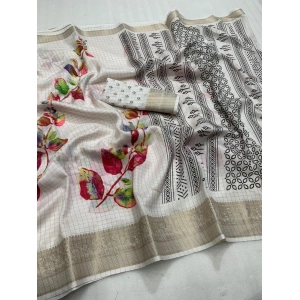 Generic Women's Dola Silk Printed Saree With Unstitched Blouse 5.5Mtr (White)