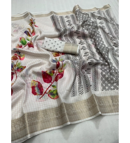 Women's Dola Silk Printed Saree With Unstitched Blouse 5.5Mtr (White)