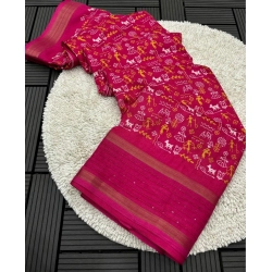 Women's Dola Silk Printed Saree With Unstitched Blouse 5.5Mtr (Pink)