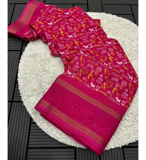 Women's Dola Silk Printed Saree With Unstitched Blouse 5.5Mtr (Pink)