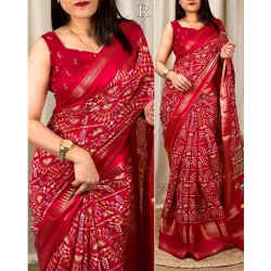 Women's Denting Cotton Printed Saree With Unstitched Blouse 5.5Mtr (Red)