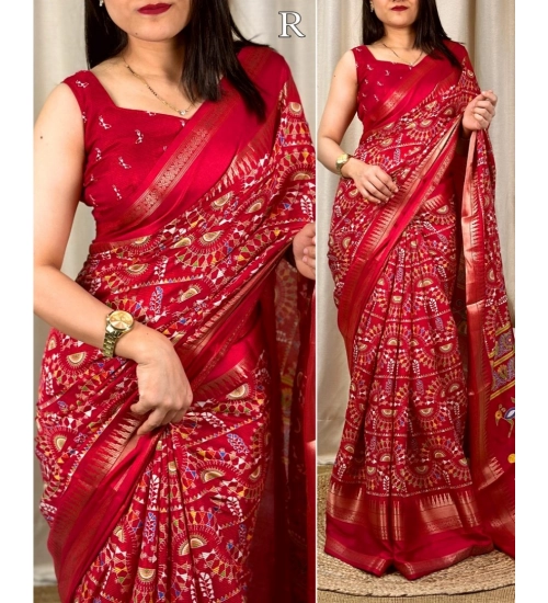 Women's Denting Cotton Printed Saree With Unstitched Blouse 5.5Mtr (Red)