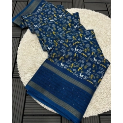 Women's Dola Silk Printed Saree With Unstitched Blouse 5.5Mtr (Blue)