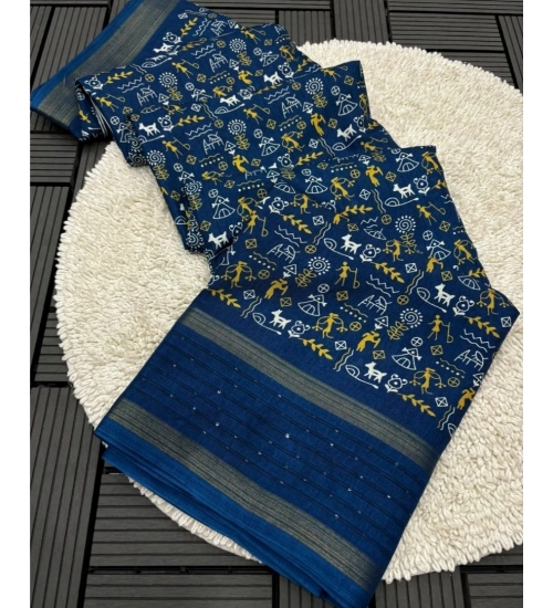 Women's Dola Silk Printed Saree With Unstitched Blouse 5.5Mtr (Blue)