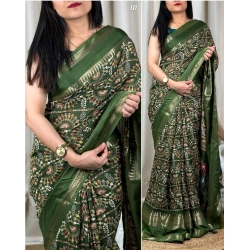 Women's Denting Cotton Printed Saree With Unstitched Blouse 5.5Mtr (Green)