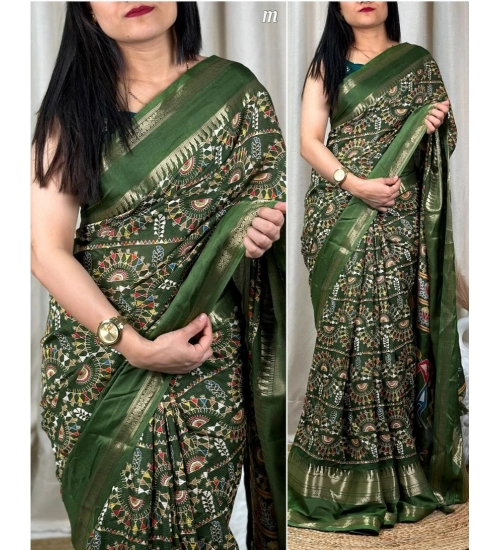 Women's Denting Cotton Printed Saree With Unstitched Blouse 5.5Mtr (Green)