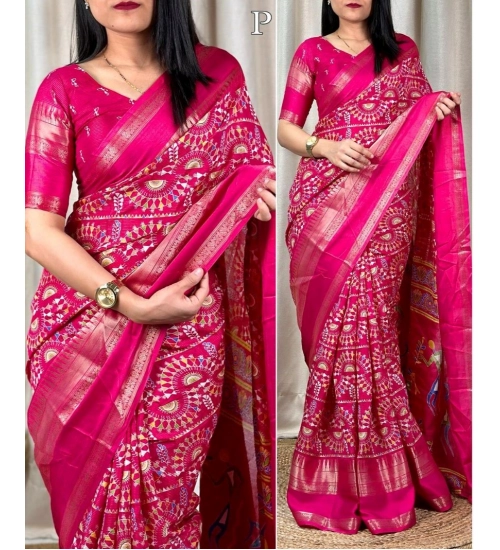 Women's Denting Cotton Printed Saree With Unstitched Blouse 5.5Mtr (Pink)
