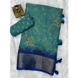 Women's Cotton Zari Printed Saree With Unstitched Blouse 5.5Mtr (Sky Blue)