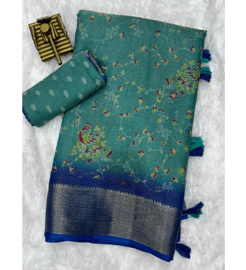 Women's Cotton Zari Printed Saree With Unstitched Blouse 5.5Mtr (Sky Blue)