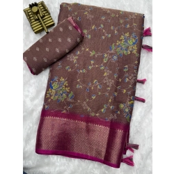 Women's Cotton Zari Printed Saree With Unstitched Blouse 5.5Mtr (Wine)
