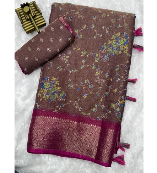 Women's Cotton Zari Printed Saree With Unstitched Blouse 5.5Mtr (Wine)