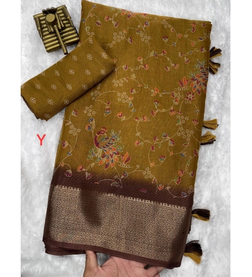 Women's Cotton Zari Printed Saree With Unstitched Blouse 5.5Mtr (Mehendi Green)