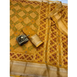 Women's Dola Silk Printed Saree With Unstitched Blouse 5.5Mtr (Yellow)