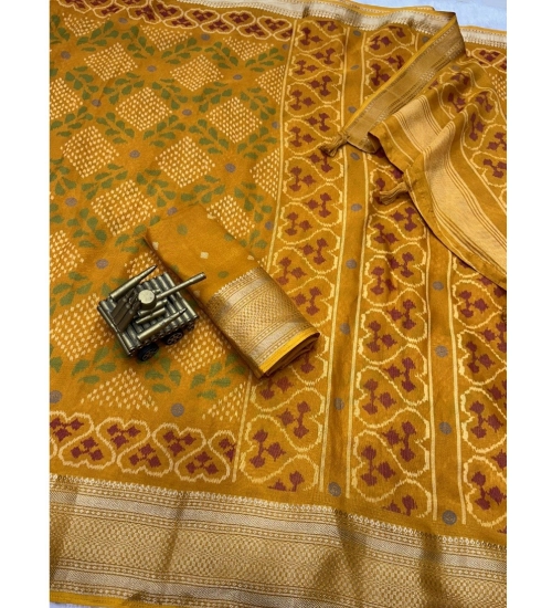 Women's Dola Silk Printed Saree With Unstitched Blouse 5.5Mtr (Yellow)