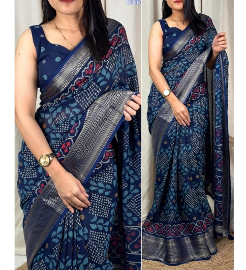 Women's Dola Silk Printed Saree With Unstitched Blouse 5.5Mtr (Blue)