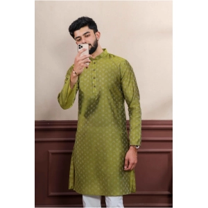 Generic Men's Casual Cotton Printed Full Sleeve Kurta Pyjama Set (Mahendi)