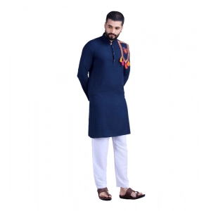 Generic Men's Rayon Mirror Embroidery Mandarin Collar Kurta (Nevy Blue)