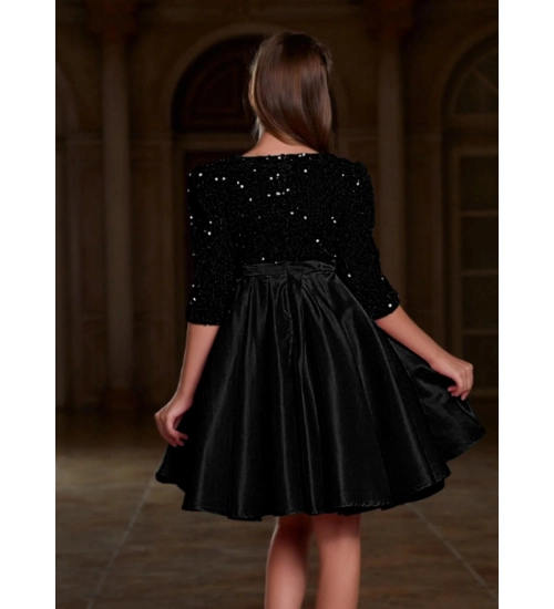 Girl's Rayon Solid Round Neck Western Dress (Black)