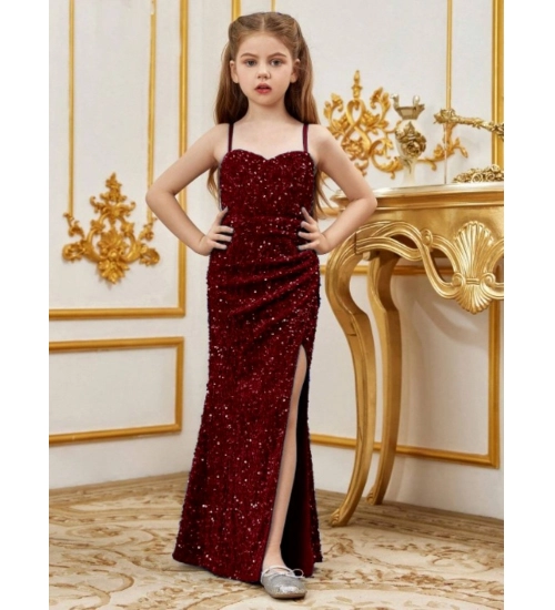 Girl's Rayon Solid Off Sholder Western Dress (Maroon)